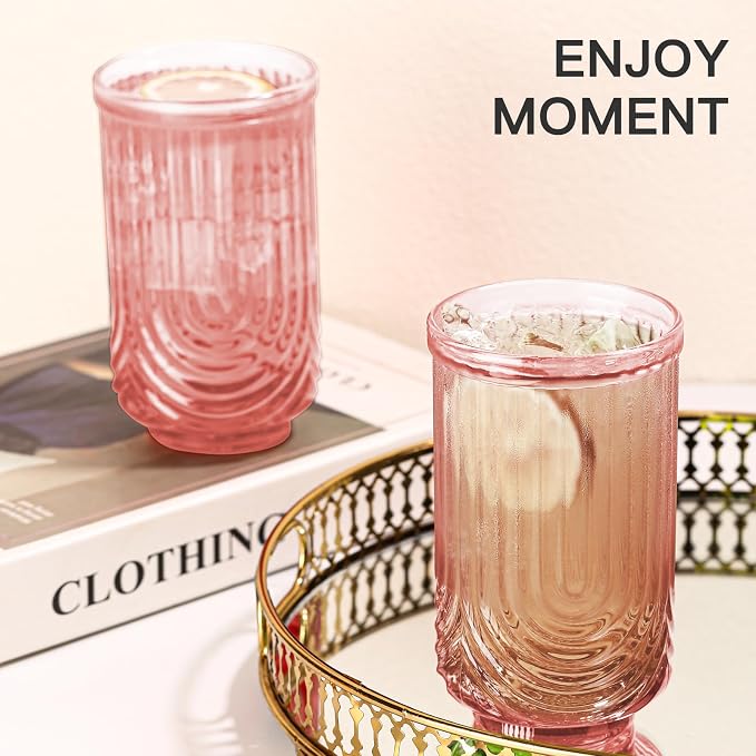 JOVGANK Pink Vintage Glassware Set of 6 - 17oz Highball Cocktail Glasses with Arched Ripple Design for Water, Coffee, Juice, Whiskey, Bar, Ice, Housewarming Gifts