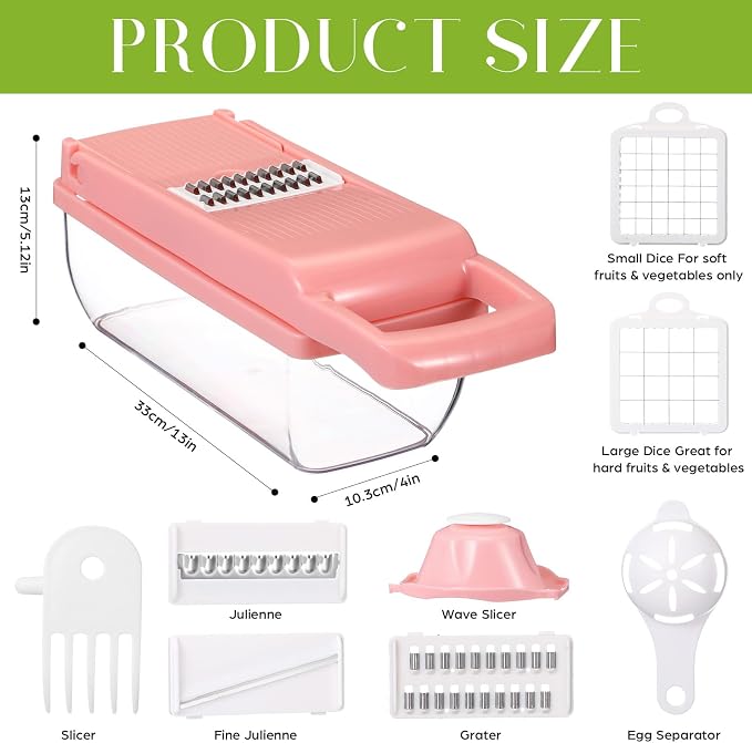 Pink Vegetable Chopper 16-in-1 Heavy Duty Food Chopper with Container Kitchen Spiralizer Gadgets for French Fry Onion Potato and Salad Cutter, Kitchen Tool