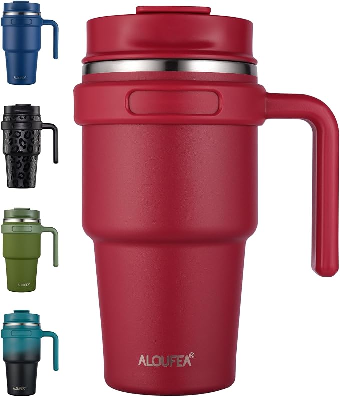 20 oz Insulated Travel Coffee Mug Tumbler with Handle and Straw | Leakproof Stainless Steel Coffee Cup with Lid, Double Wall Vacuum Ice Thermal Cup, Red
