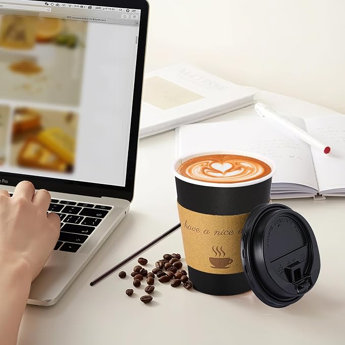 BYSNOW 100 pack 10 oz Disposable Coffee Cups with Lids Black To Go Cups | To Go Coffee Cups with Lids, Sleeves and Stirring Sticks, for Home, Office, Cafes and Party (Black 10oz)