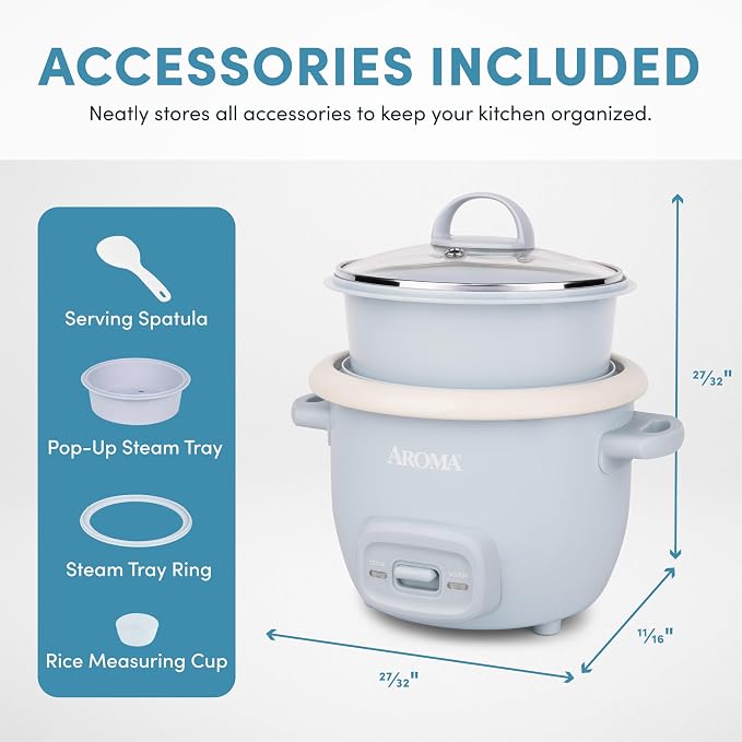 AROMA CoreCoat™ Mini Rice Cooker (3 Cups Cooked) with Nonstick Ceramic Pot Coating, Glass Lid, and Pop-Up Steamer Tray, 0.8 Quart
