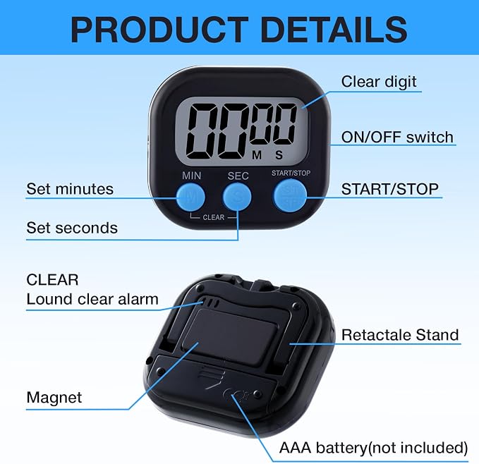 Leumoi 24 Pack Multi-Function Digital Timers with Magnetic Back, Large LCD Display, Loud Alarm, Count up & Countdown, Memory Function for Cooking, Classroom, Study, Exercise & Work(Black and Blue)