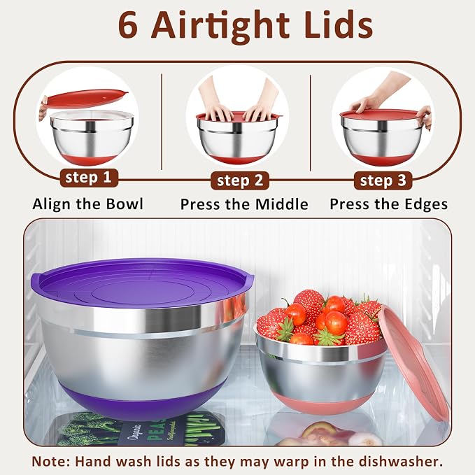 9 Pack Mixing Bowls with Airtight Lids & Grater Attachments, Multi | Stainless Steel Bowl, Non-slip Bases, Nesting Kitchen Bowl, Size 5, 4, 3, 2, 1.5,1QT,for Food Prep, Baking, Storage & Serving
