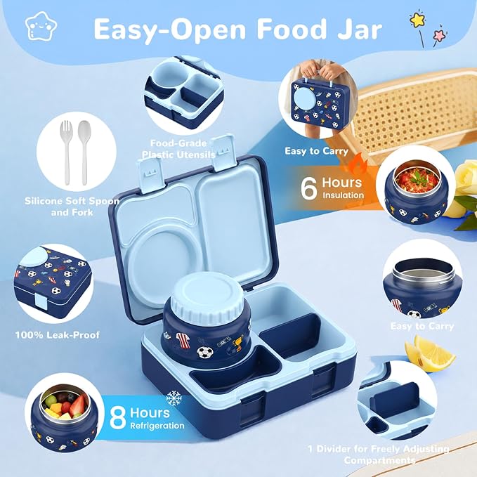 Bento Box for Kids, Leakproof Kids Lunch Box with 8.5OZ Thermo Food Jar & Lunch Bag, 3-4 Compartments Toddler Insulated Lunch Box for Girls, BPA Free Lunch Containers for School Daycare