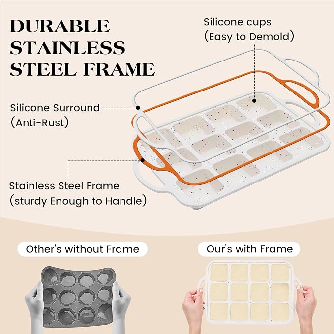 Mini Individual Square Brownie Pan with Dividers, Cream | 2 Pcs, Metal Reinforced Frame, Silicone Nonstick, 12 Cup , Muffin Cupcake Pans