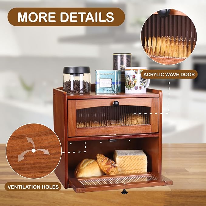 Large Wooden Bread Box for Kitchen Countertop, 2-Tier, Teak | Clear Acrylic Window Spacious Bread Storage Farmhouse Style Pantry Organization For Homemade Bread and Bagels