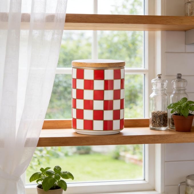 Kitchen Countertop Ceramic Checkered Canisters,Black And White Food Storage Containers With Lid,Airtight Kitchen Canisters for Flour, Sugar, Coffee, Tea, and Dry Goods (Red, Small)