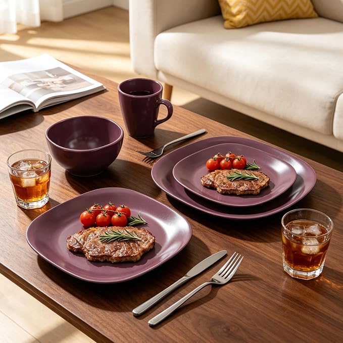 HomeVss, Stoneware Square 16pc Dinnerware Set, Matte Purple