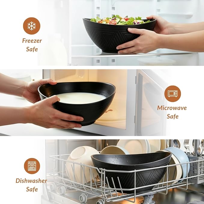 9.6 inch Serving Bowls, Large Serving Dishes for Wedding Parties, 60 Oz for Salad, Side Dishes, Pasta, Oval Shape, Microwave & Dishwasher Safe, Set of 4, Black
