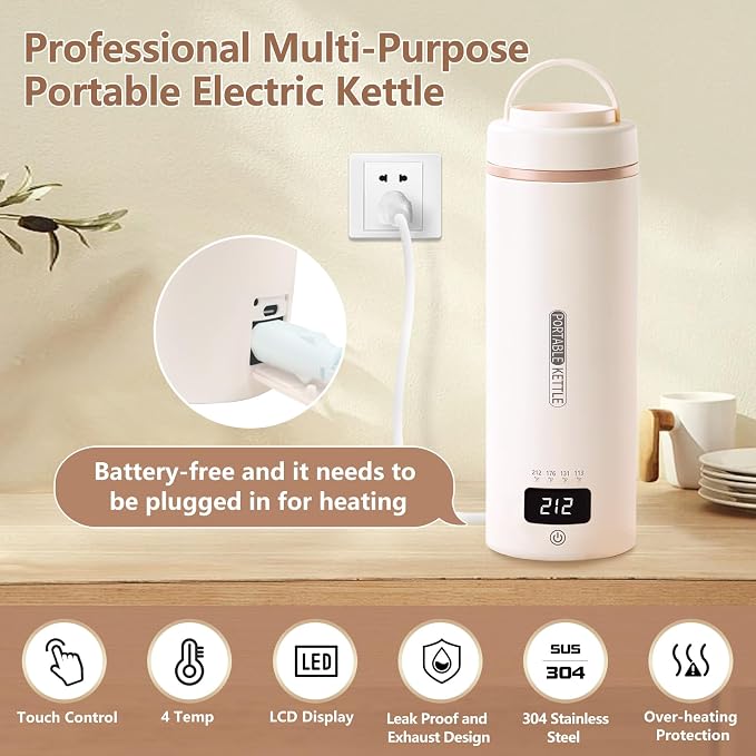 Travel Kettle, Portable Electric Kettle for 4 Temperature Controls, Cream | 304 Stainless Steel Liner, Auto Shut-off, 300W (120V) Fast Boiling, Water Bottle for Business Trips, Dorm & Office, 450ml