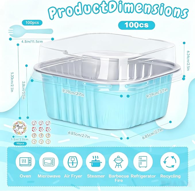 100Pack 5oz Blue Mini Cake Pans with Lids and Spoons and Stickers Baking Cups Aluminum Foil Pans Tins, Individual Dessert Cups Containers for Sales,Party,Picnics