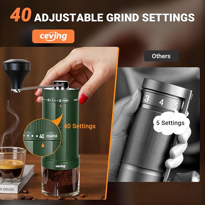CEVING World's First 60g Large Capacity Manual Coffee Grinder, Green | 40 External Settings, Portable Hand Coffee Bean Mill with Ceramic Conical Burr for Travel, Camping, Drip, Pour Over & Gift