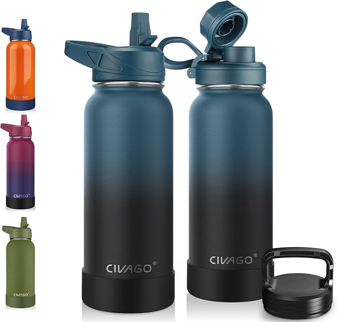 CIVAGO 32 oz Insulated Stainless Steel Water Bottle With Straw and 3 Lids | Large Metal Sports Water Jug, Leakproof Reusable Wide Mouth Thermal Flask Cup with Silicone Boot, BPA-Free, Indigo Black