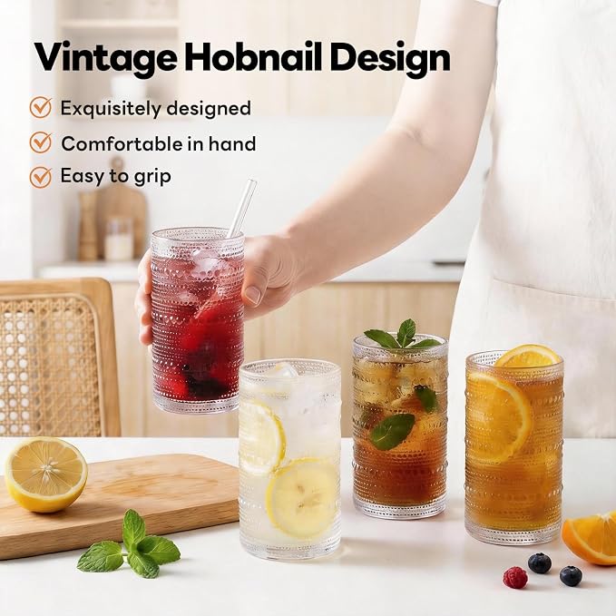 Large Hobnail Drinking Glasses Set of 6, 16oz | Highball Glasses Embossed Water Glass Cups, Kitchen Bar Tumbler Glassware for Cocktail, Juice, Whiskey