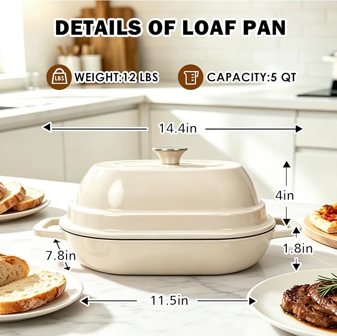 Wdmiya Dutch Oven for Sourdough Bread Baking, Shallow Base & Dome Lid 5 QT | Enameled Cast Iron Bread Baker for Batards & Boules, Easy-Clean Enamel, 500°F Oven Safe, Cream White, 11.5" x 7.8"