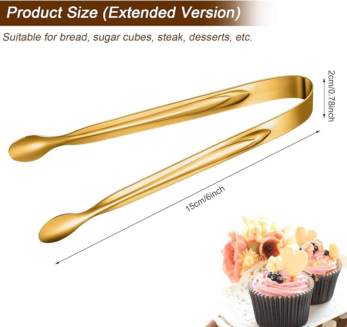 Gejoy 12 Pieces Mini Tongs Stainless Steel Small Sugar Serving Tongs for Charcuterie Board Appetizers Dessert Serving Food Tiny Party Danish Candy(6 Inch,Gold) | Silicone Tip Tongs for Party Serving, Sugar Candy Appetizers Dessert, Safe Grip Small Uten...