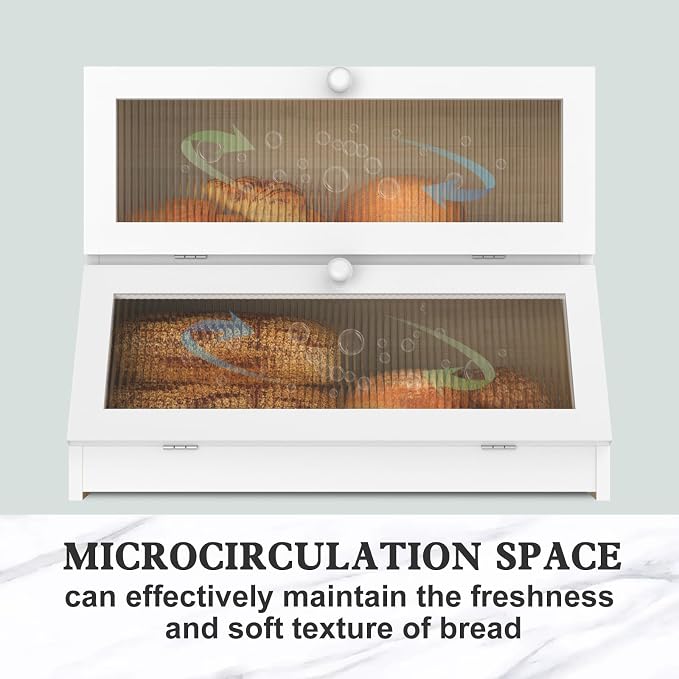 LOHASOK Bread Box for Kitchen Countertop,White | 2-layer, Bamboo, Large, Farmhouse Bread Container Holder Storage, Acrylic translucent window