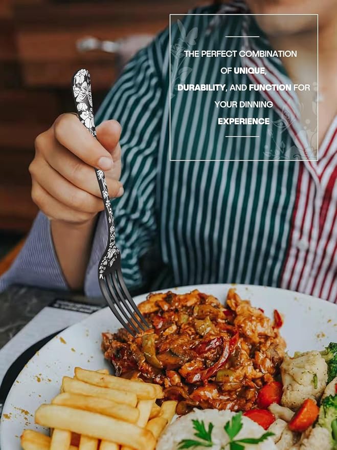 Stapava 24 Pcs Black Silverware Set with Steak Knives for 4, Stainless Steel Flatware Cutlery Set, Include Forks Spoons and Knives set, Mirror Polished, Dishwasher Safe Utensils for Home Restaurant