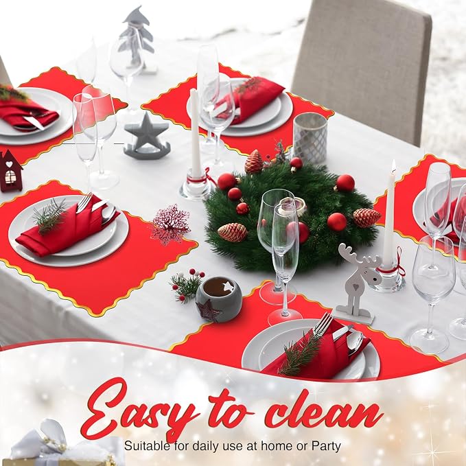 FoldTier 150 Pcs Disposable Paper Placemats Bulk 10"x14" Rectangle Place Mats with Scalloped Edges Dining Table Mat for Wedding Birthday Party Table Decoration(Red)
