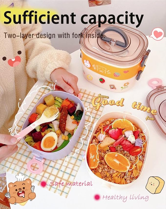 Kawaii Bento Box, Leakproof Lunch Box with Bag & Tableware