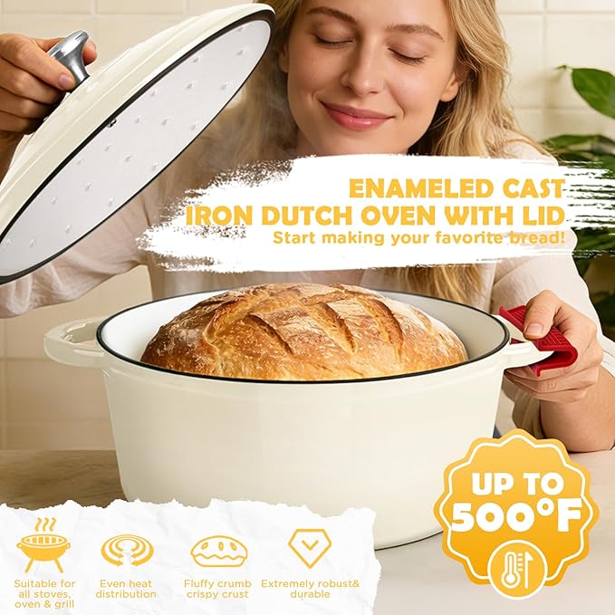 Enameled Cast Iron Dutch Oven Pot with Lid, 5QT Dutch Oven for Bread Baking | Round Bread Oven, Sourdough Bread Baking Supplies, Banneton Bread Proofing Basket, Starter Jar, Lame, Oven Safe up to 500°F