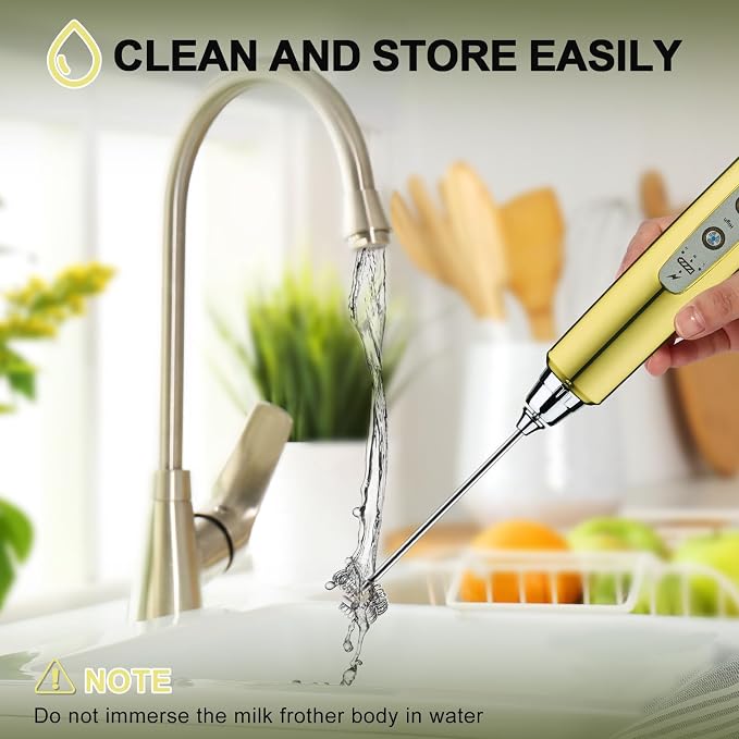 YUSWKO Handheld Milk Frother Wand for Coffee, Rechargeable Electric Whisk with 3 Heads 3 Speeds Drink Mixer Coffee Frother For Latte, Cappuccino, Hot Chocolate, Egg, Champagne Gold with Holder