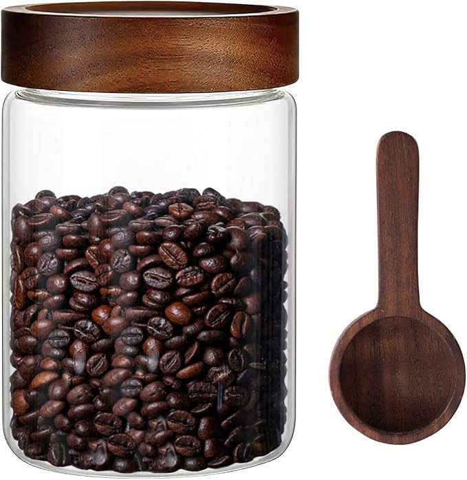 28 Fl oz Glass Food Storage Jar with Airtight Wooden Screw on Lid and Scoop | 850 ml Premium Clear Glass Canister Food Storage Containers for Coffee,Tea,Cereals,Cookies,Snacks,Nuts,Spice,Candy,Sugar