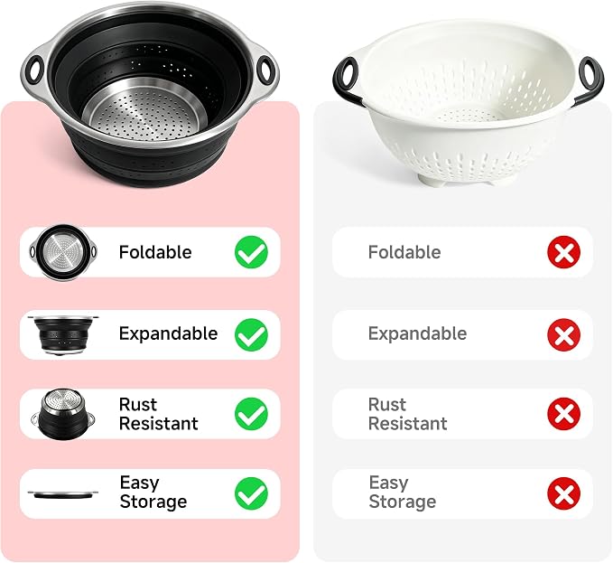 Mejoncb Collapsible Colander – Platinum Silicone Strainer with Stainless Steel Base, BPA-Free & Heat Resistant Kitchen Drain Basket (Black)