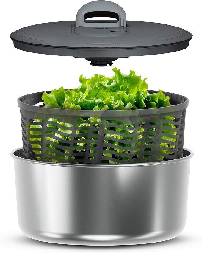 Zyliss Easy Spin Salad Spinner - Fruit & Veggie Dryer - Produce Spinner & Cleaner for Salad Prep - Dishwasher-Safe Kitchen Essential - Non-Slip Bowl with Pull Handle - New Stainless Easy Spin Large