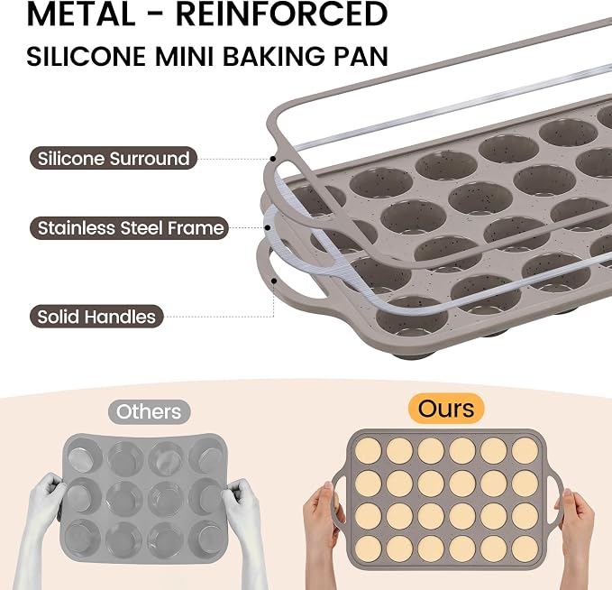 CAKETIME Mini Cupcake Pans, Metal Reinforced Frame Silicone Mini Muffin Pan Nonstick 24 Cups Easy to Handle for Baking Muffins, Cupcakes, Egg Bites 1 Pack