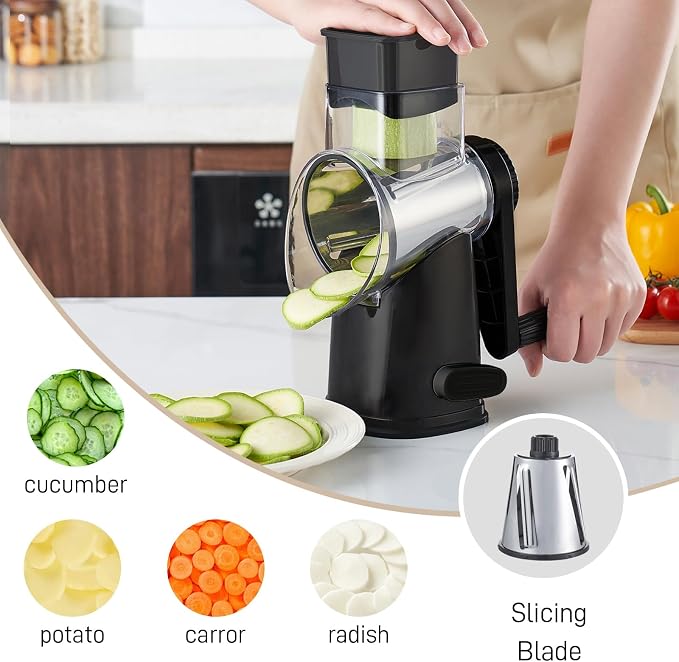 Weltonhm 4 in 1 Large Rotary Cheese Grater Hand Crank (black, 3 Graters) | Cheese Shredder Rotary and Slicer with 4 Stainless Steel Blades for Vegetables, Veggie and Cheese, Stronger Suction Base