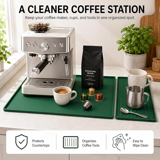 Silicone Coffee Mat 24 x 16 in with Tray, Deep Forest Green | Coffee bar mat for countertop use, coffee station mat or coffee machine mat with removable tray and 0.47 in raised rim.
