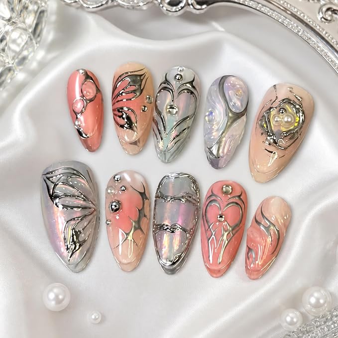 30Pcs Medium Almond Press on Nails Orange Pink Gradient Fake Nails Chrome Silver Butterfly Heart False Nail with 3D Rhinestones Design Full Cover Glue on Nails Y2K Gothic Acrylic Nails for Women Girls