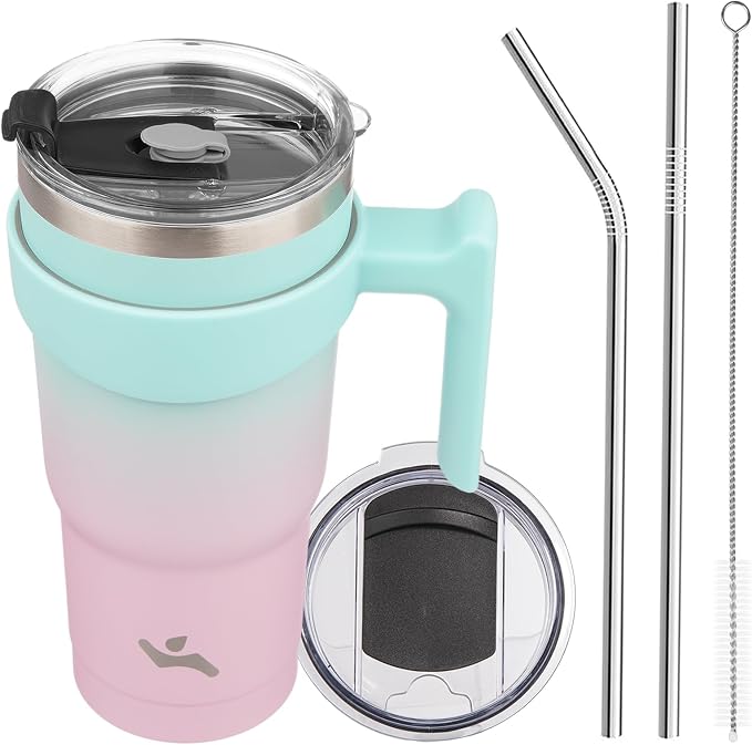 Konokyo 20 oz Tumbler with Handle and Straw, Insulated Travel Mug | Gum; BPA-free, leak-proof tumbler with 2 lids, 2 straws, cup holder fit for coffee, office, travel & daily use