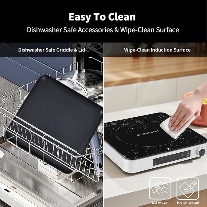Cooktron 2-in-1 Induction Cooktop with Grill Pan – Portable 1 Burner Induction Hot Plate 1800W, Removable Griddle, 10 Power & 5 Temp Levels, Touch & Knob Control for Kitchen or RV Camping