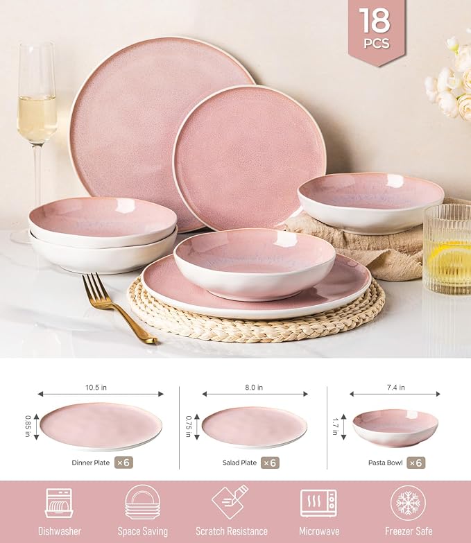 GBHOME Stoneware Dinnerware Sets for 6,18 Piece Rustic Plates and Bowls Set | Earthenware Handmade Reactive Glaze Plate Sets, Chip Resistant Ceramic Dishes, Microwave & Dishwasher Safe, Pink