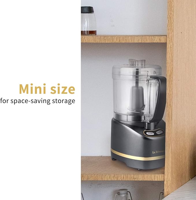 La Reveuse 2 Cup Mini Food Processor, Electric Chopper Small, Metallic Grey | for Mincing, Chopping, Grinding, Blending, Puree, 2 Pulse Speeds, Dishwasher Safe, (1) Spatula Included, 200 Watts, LARB1814B