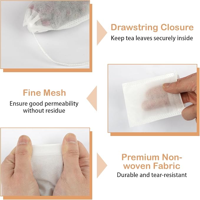 300 Pcs Disposable Empty Tea Bags for Loose Leaf Tea | 3.54" x 2.75", Food-grade, with Drawstring, Safe for Hot Water Brewing, for Coffee, Herbs, Spices, Tea Filter Sachets Infuser