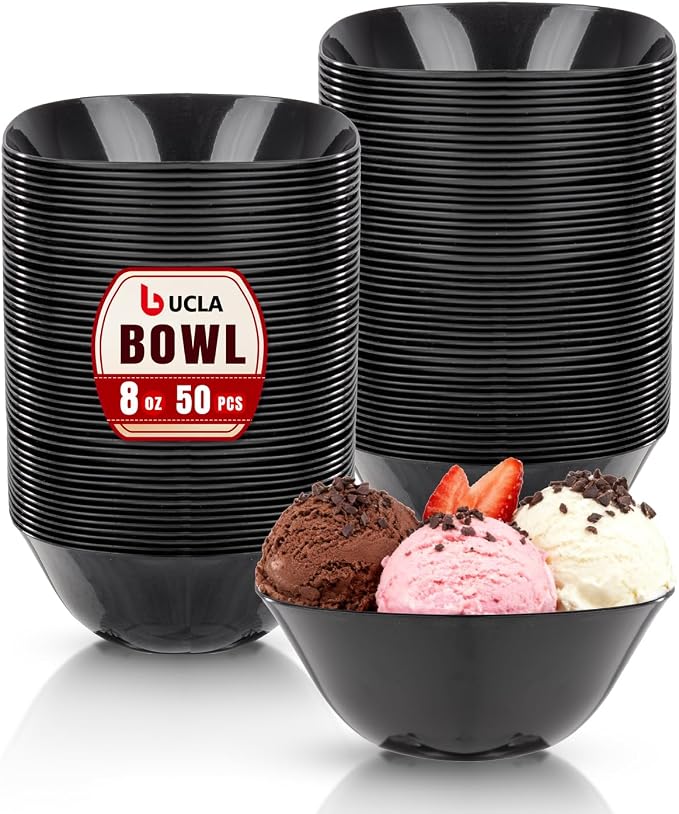 bUCLA 50 Pack Black Plastic Small Bowls - 8oz Disposable Ice Cream/Salsa/Dipping/Dessert/Sauce/Candy/Small Serving Bowls for Party & Graduation