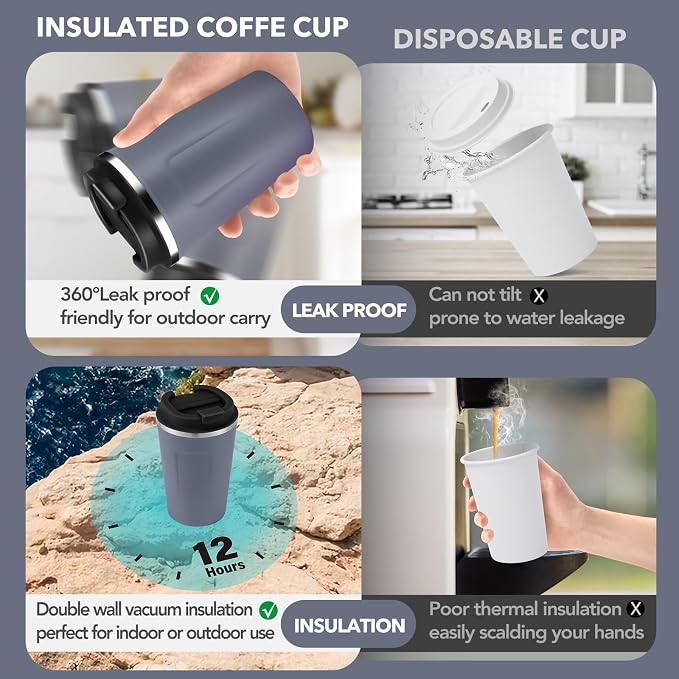 Volhoply 12 oz Double Wall Insulated Vacuum Travel Coffee Mug with Flip Lid,Reusable Stainless Steel Leak Proof Coffee Cup,Portable Iced Cafe Thermal Tumbler Suitable for Hot & Cold Drinks(Gray,1 Set)