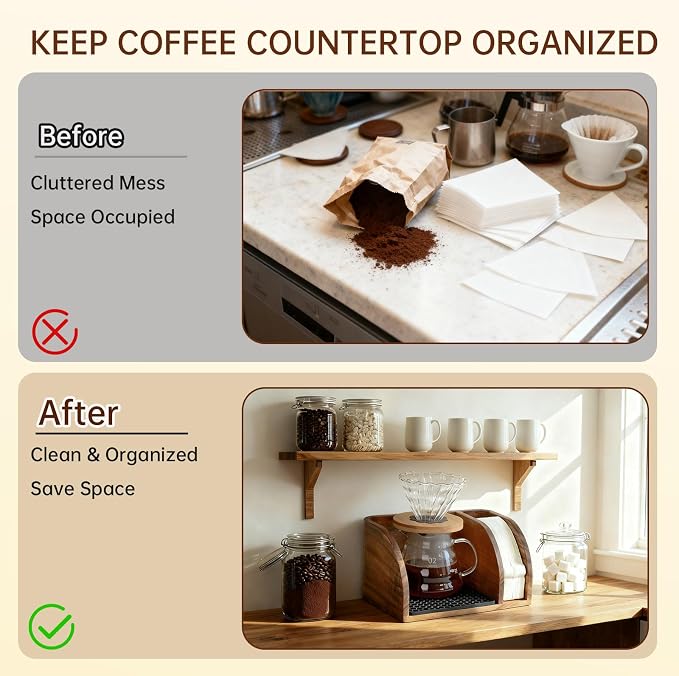 Acacia Coffee Caddy Station Organizer Stand for Chemex Pour Over Maker | Wood Coffee Filter Holder Storage for Countertop, Coffee Bar for Pour Over Chemex Bodum Cosori Coffee Maker with Dripper Mat