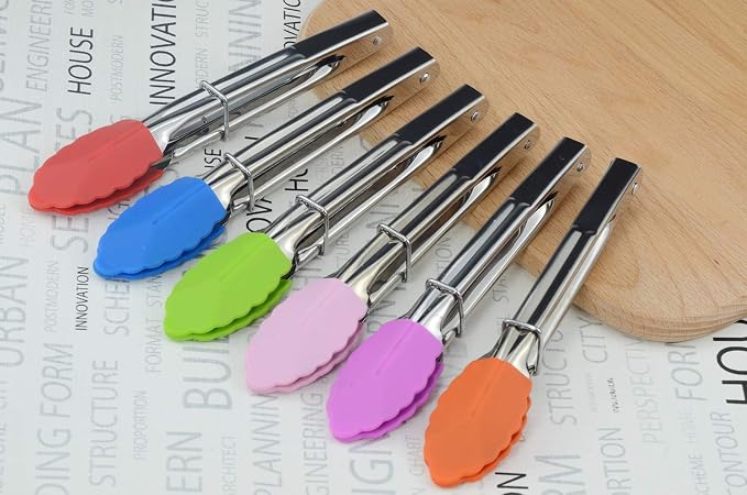 HINMAY Small Tongs with Silicone Tips 7-Inch Mini Serving Tongs, Set of 6 | Green Red Blue Purple Pink Orange