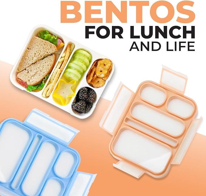 kinsho Bento-Box For Adults Or Kids, Lunch-Boxes Portion Control Container For Women Men Girls Boys | Leakproof Snack Containers For School Bpa Free Utensils 5 Compartments | Blue, Orange