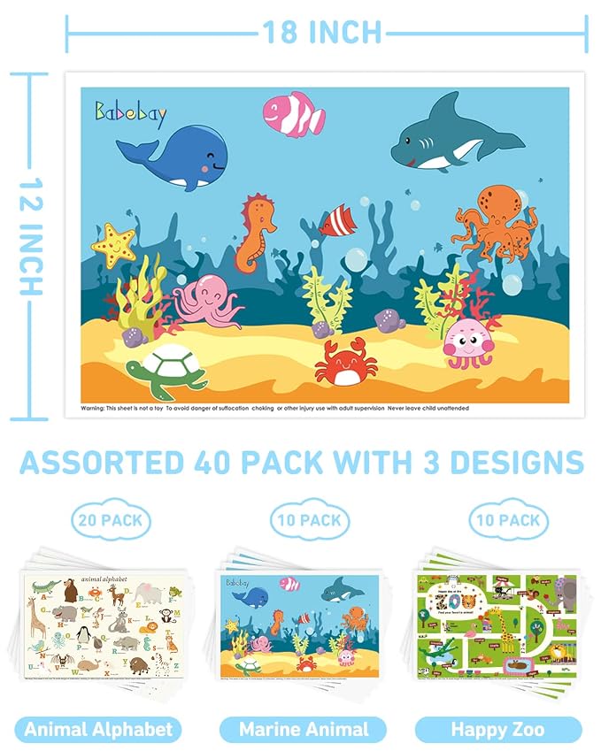 Babebay Disposable Placemats for Baby, 40 Pack Sticky Toddler Placemat for Restaurants, Dining Table, Party, Travel, 12" x 18" with 3 Designs
