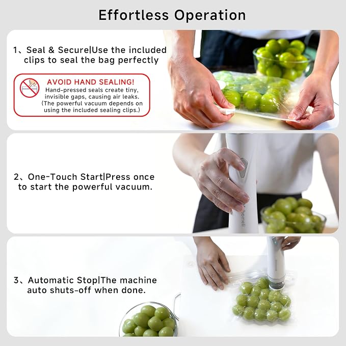 Compact Handheld Vacuum Sealer for Food with 20 Reusable Bags | Powerful 60 kPa suction, Keeps food fresh up to 6X longer, Cordless handheld design, Ideal for meal prep and food storage