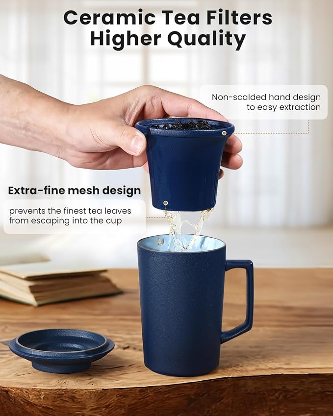 15 oz Ceramic Tea Infuser Cup with Lid - Tea Mug with All Porcelain Strainer for Loose Leaf Teas,Microwave and Dishwasher Safe,Metal-Free,BPA-Free for Tea Lovers/Birthday (Blue)
