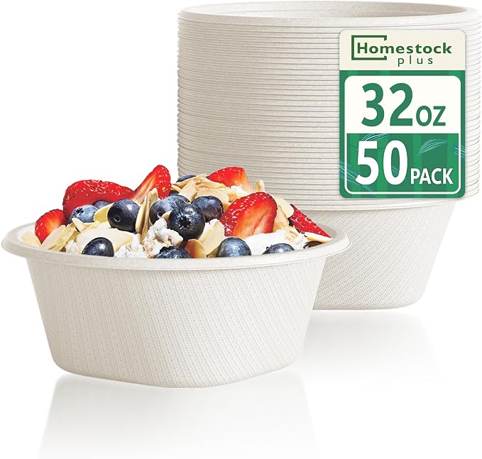 Disposable Soup Bowls 32 Oz [50 Pack] - Heavy Duty Deep Paper Bowls, Leakproof Compostable Containers for Ramen, Chili & Catering, Microwave Safe Bowls (White)