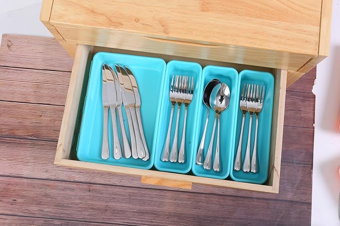 Kutesna 15PCS Interlocking Drawer Organizer, Plastic Desk Organizer Set | 3-Size Versatile Storage Bins,BPA-free,Non-slip, Fits Any Drawer for Cosmetics,Bathroom, Tools,Kitchen and Office（Blue&Green）
