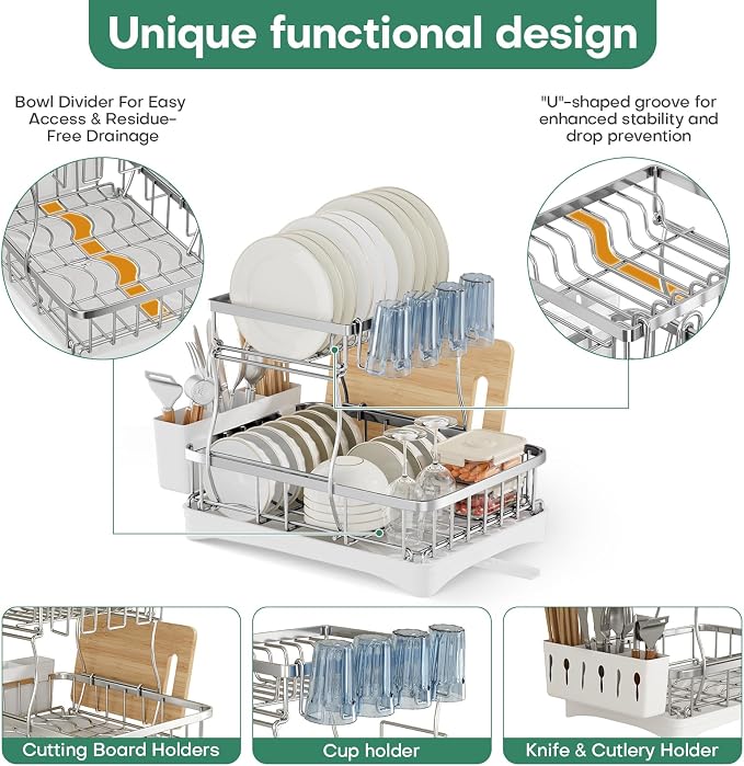 2 Tier Dish Drying Rack,Stainless Steel Dish Rack For Storing Knife Fork Pots&Pans,Dish Drying Rack With Drain Tray For Kitchen Countertops/Sinks,Silver Tiered Dish Rack With Retractable Drain Outlet