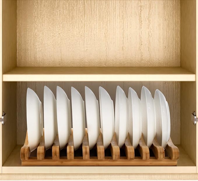 Frcctre Bamboo Dish Drying Rack, 10 Slots Bamboo Cabinet Plate Stand Dish Drainer Wooden Plate Rack Pot Lid Holder Kitchen Dish Plate Storage Organizer for Countertop Cabinet